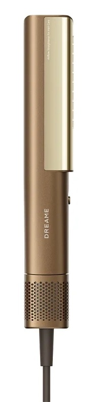 Brązowa prostownica ze złotymi akcentami i perforowaną głowicą.