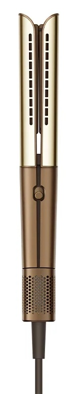 Złota prostownica z otworami wentylacyjnymi i perforowanym uchwytem.
