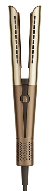 Brązowa prostownica do włosów z otworami wentylacyjnymi i uchwytem.