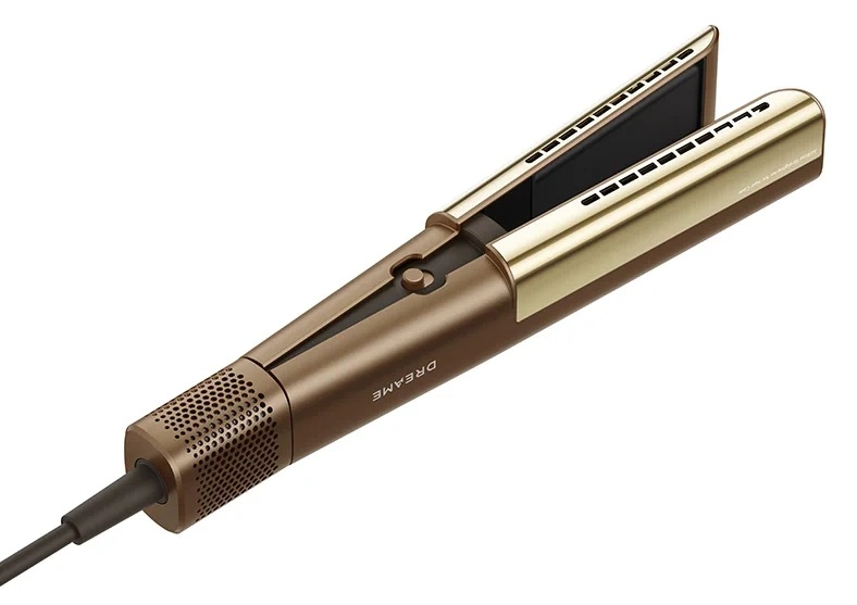 Brązowa prostownica do włosów ze złotymi akcentami i otworami.