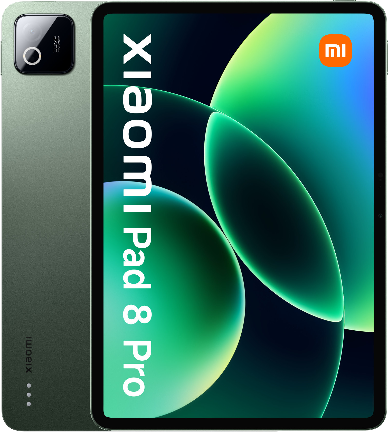 Zielony Xiaomi Pad 8 Pro z tylnym aparatem i zielonym tłem.