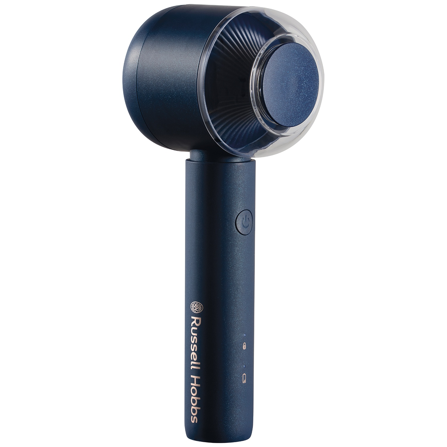Sèche-cheveux bleu foncé portable avec embout transparent et bouton argenté.