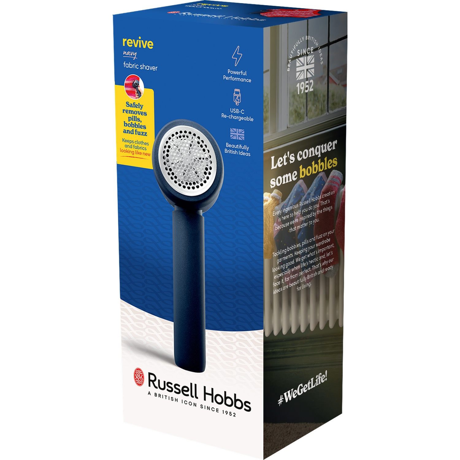 Un rasoir à tissu bleu marine Russell Hobbs avec un dessus et une poignée argentés.
