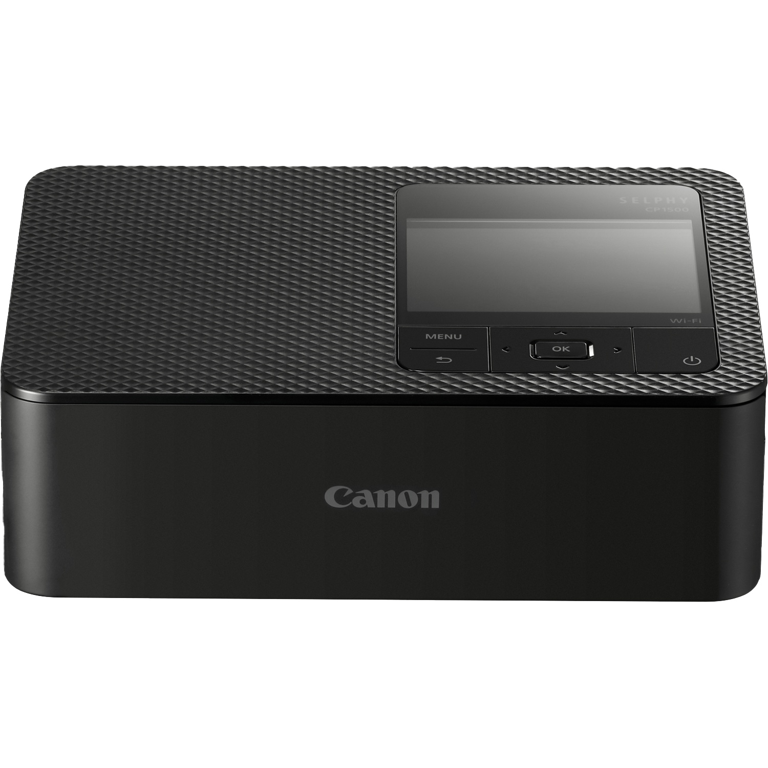 Imprimante photo Canon Selphy CP1500 noire avec écran et boutons.