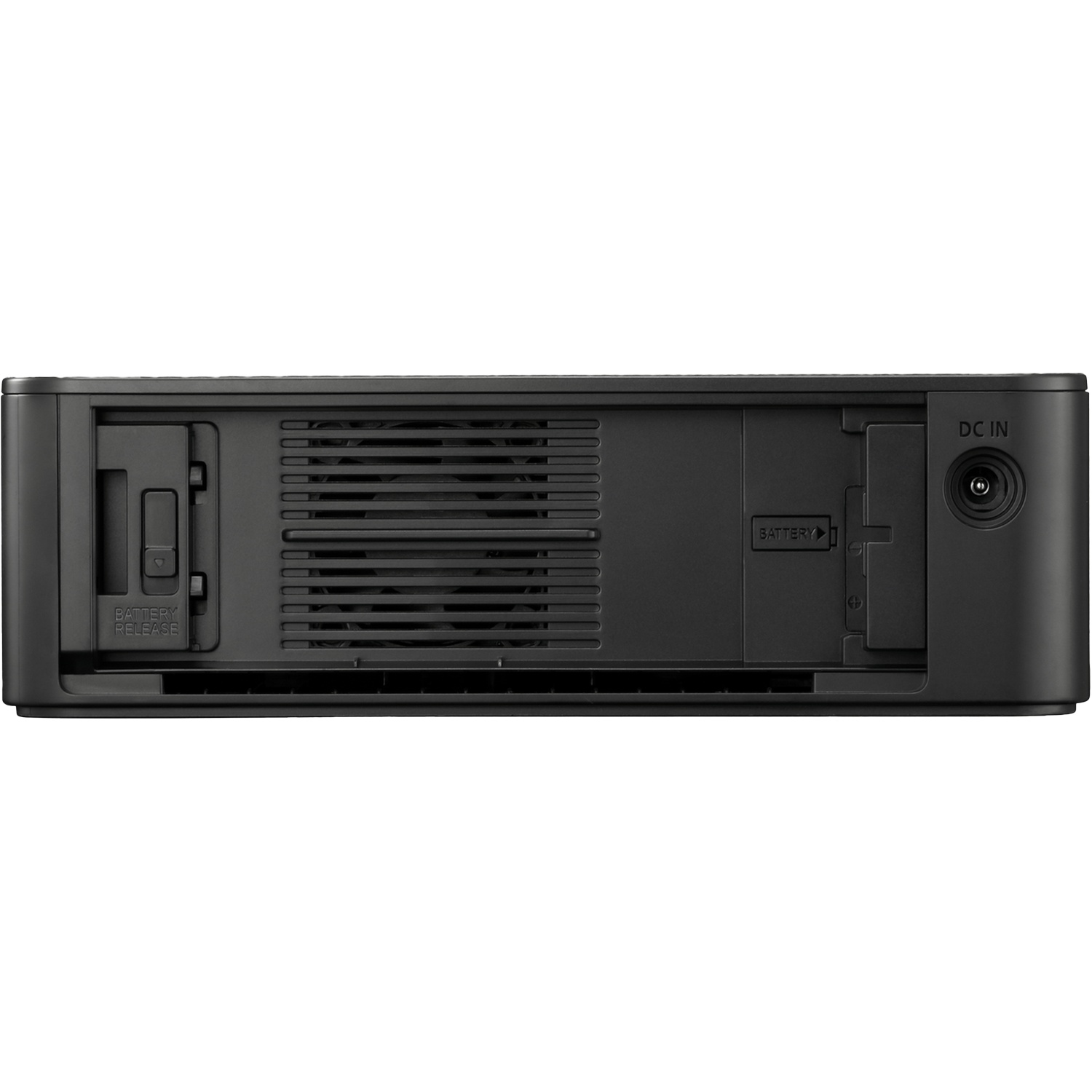 Appareil noir avec aérations, compartiment batterie et port DC IN.