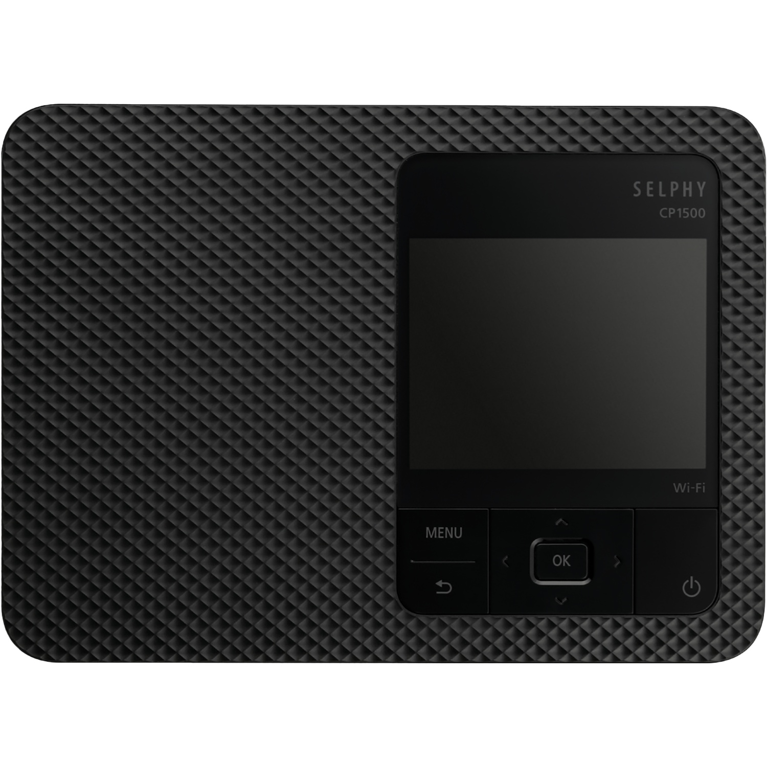 Imprimante SELPHY CP1500 noire avec corps texturé et écran LCD.