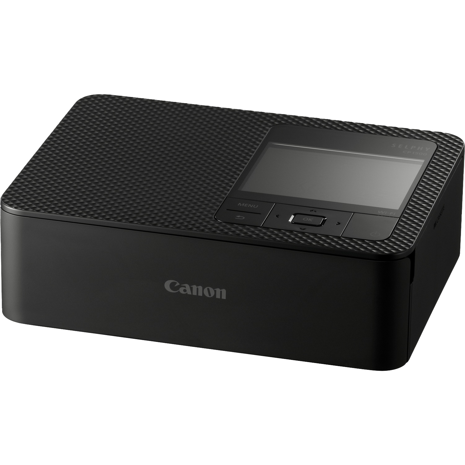 Une imprimante photo Canon Selphy CP1500 noire avec écran LCD et boutons.