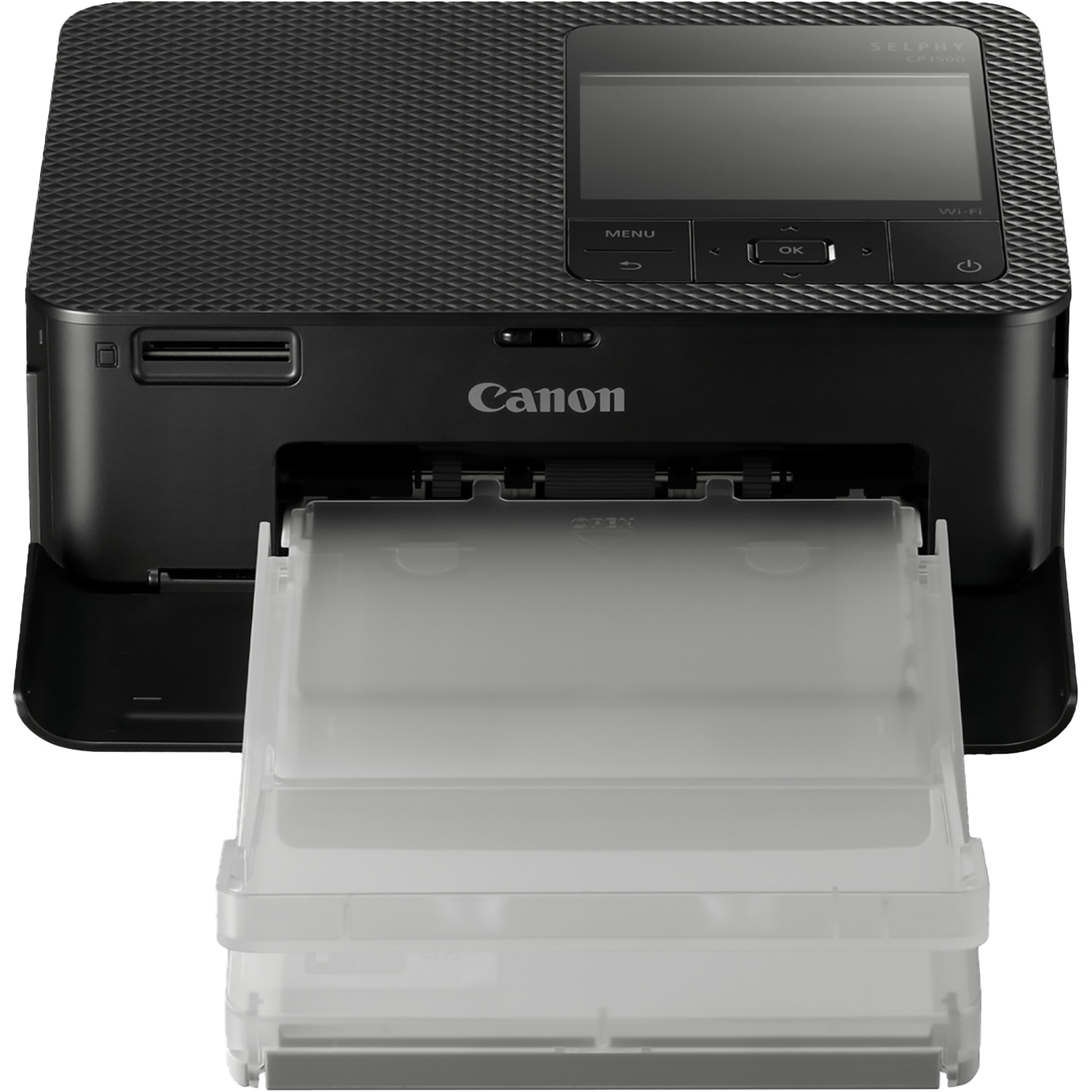 Imprimante photo Canon Selphy CP1500 noire avec bac à papier déployé.