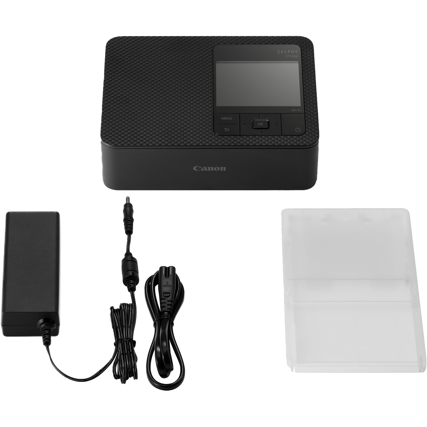 Imprimante Canon Selphy CP1500 noire avec adaptateur secteur et étui transparent.