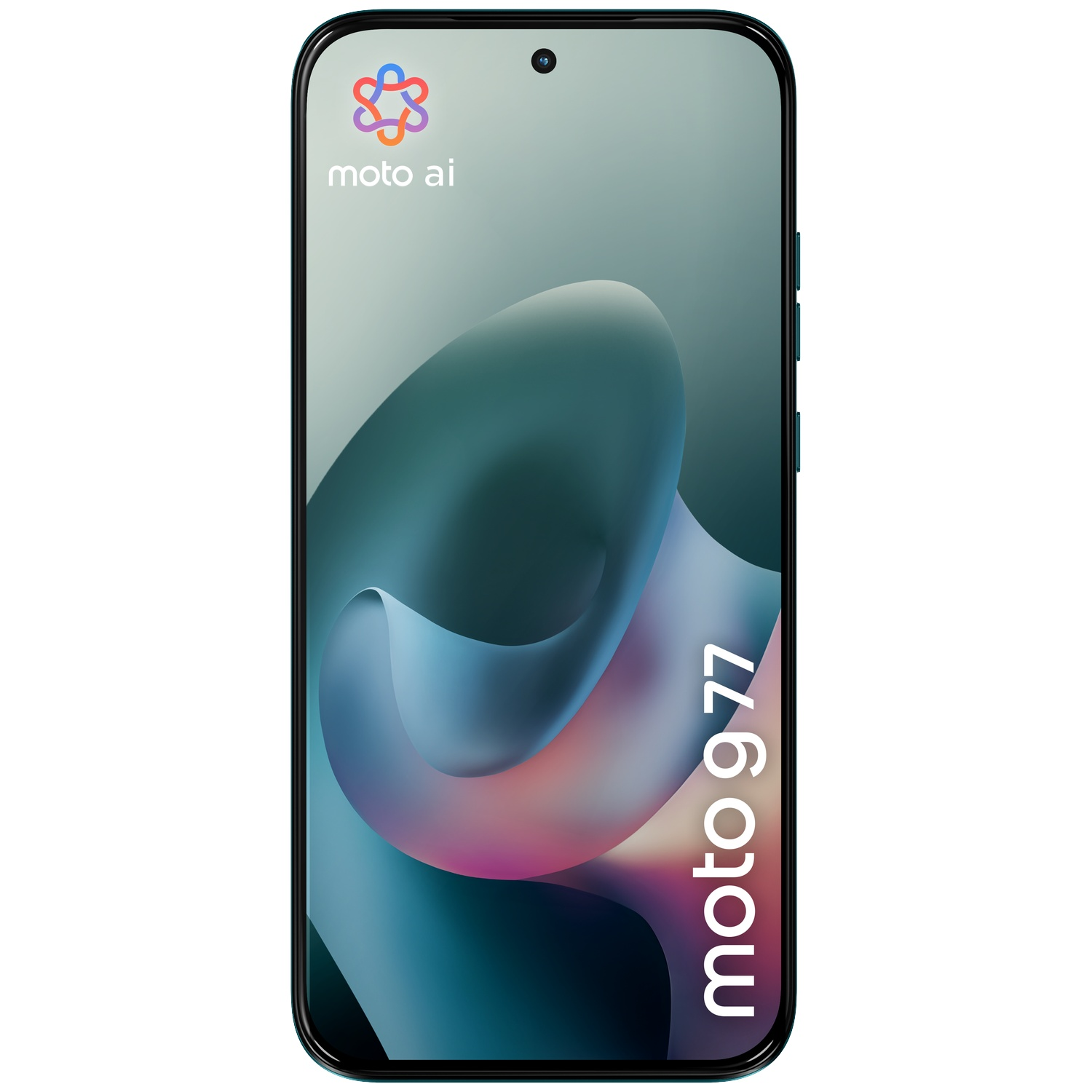 A smartphone displays the moto ai logo and 'moto 9 77' text.