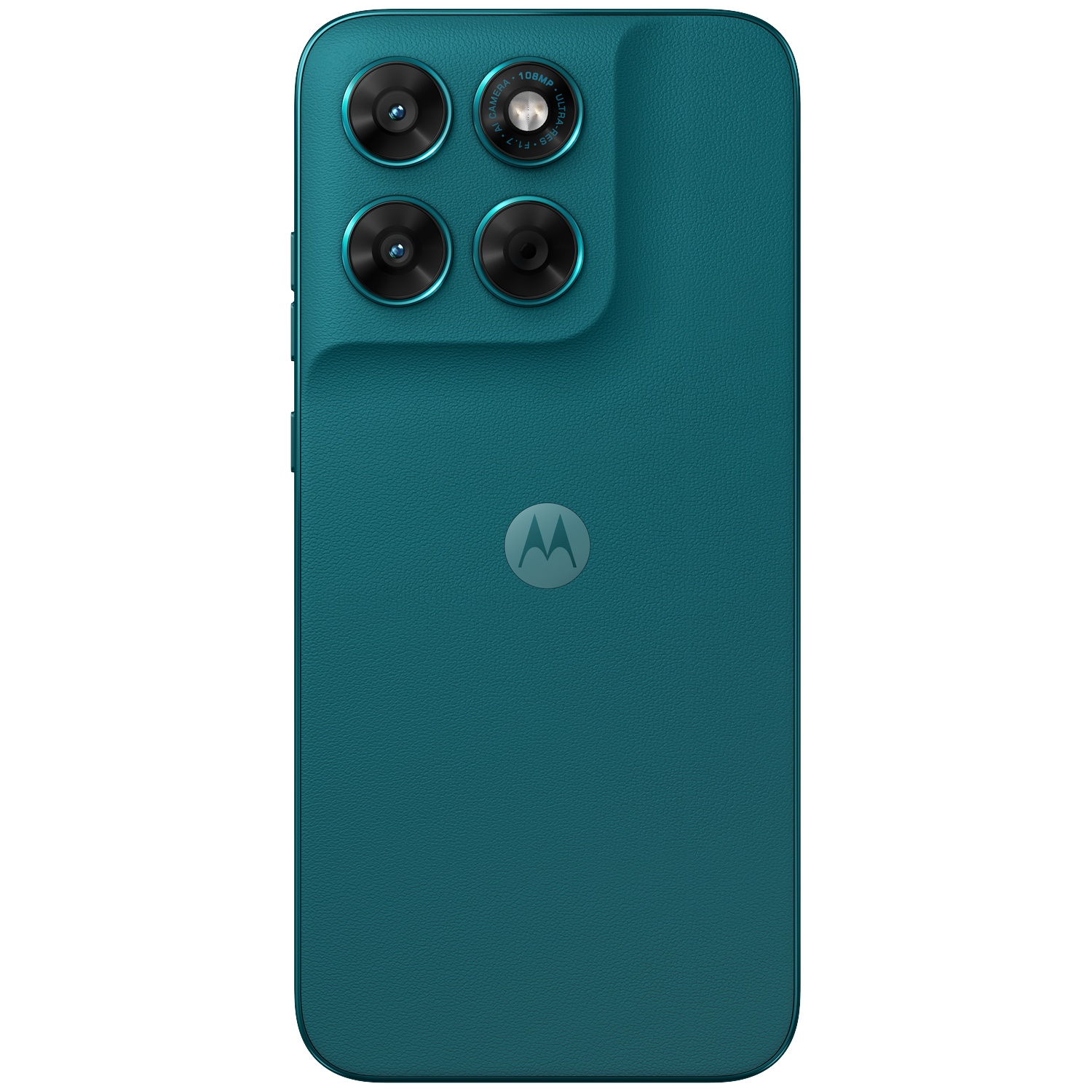 Back of a teal smartphone with four cameras and Motorola logo.
