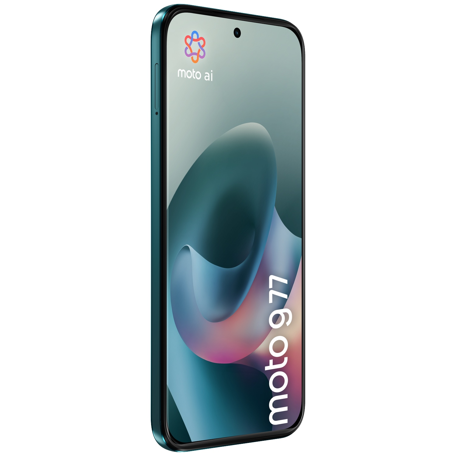 A teal smartphone featuring the Moto AI logo and Moto 977 text.