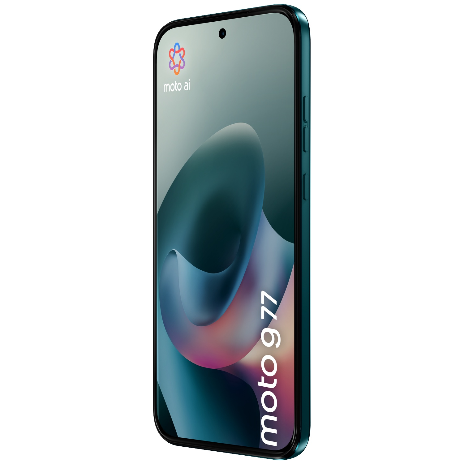 A teal smartphone featuring the moto ai logo and moto g 77 text on its screen.