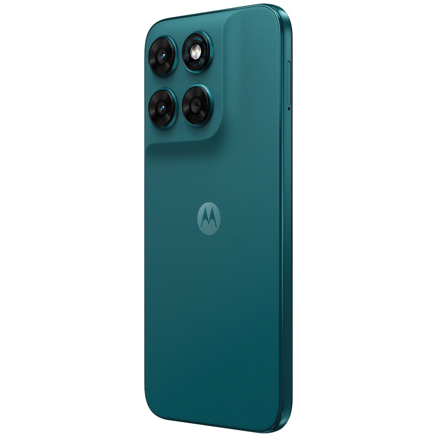 Back of a teal Motorola smartphone with four cameras and Motorola logo.