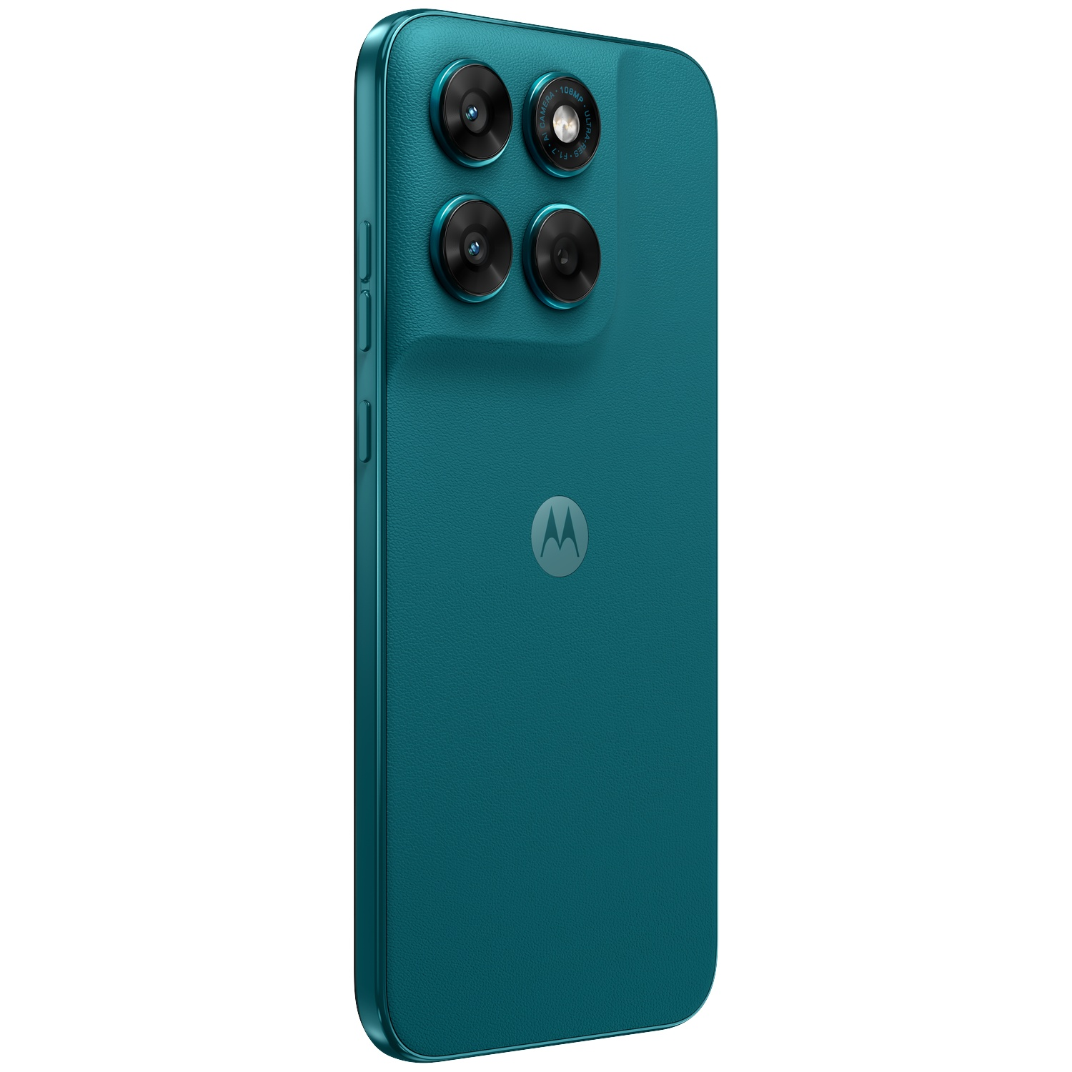 Rear view of a teal smartphone with four cameras and a Motorola logo.