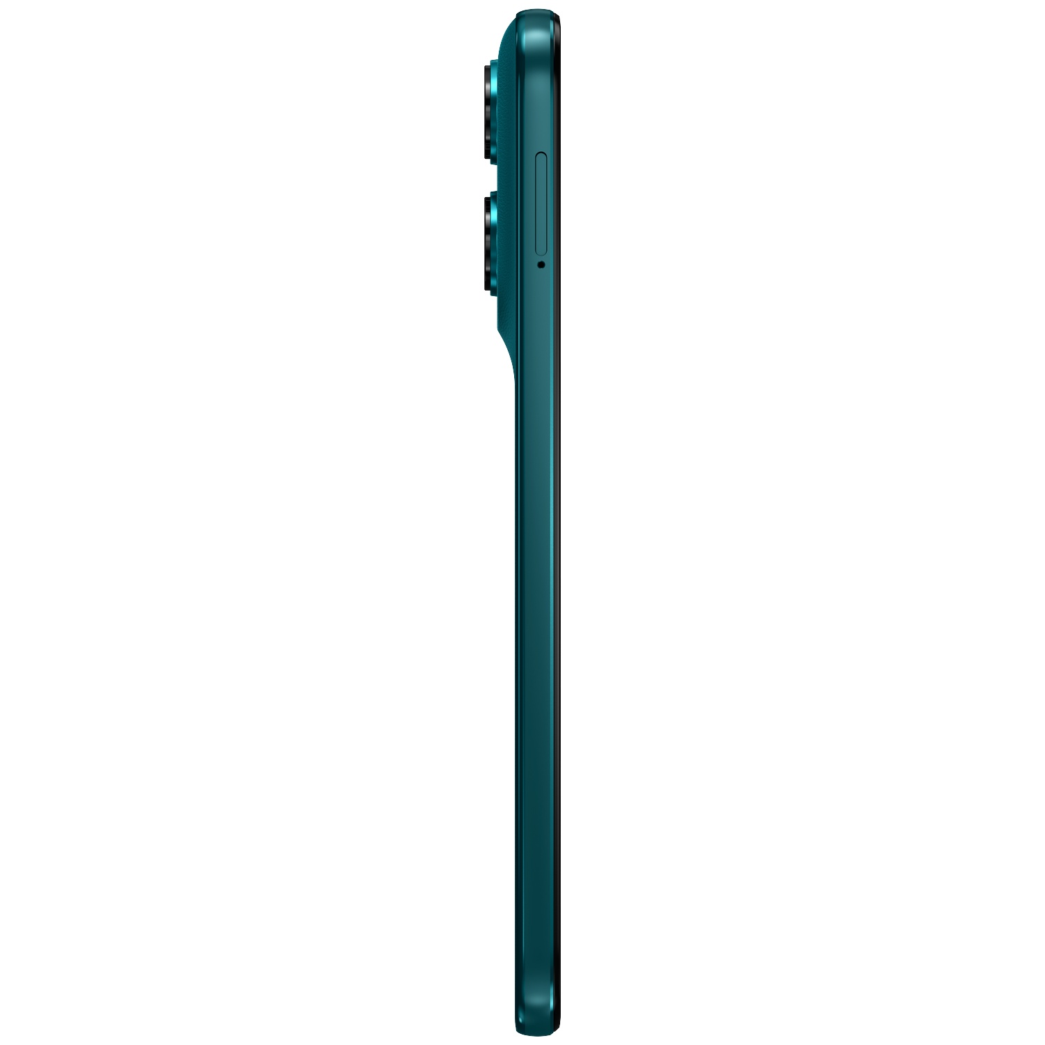 Side view of a dark teal smartphone showing camera lenses and SIM tray.