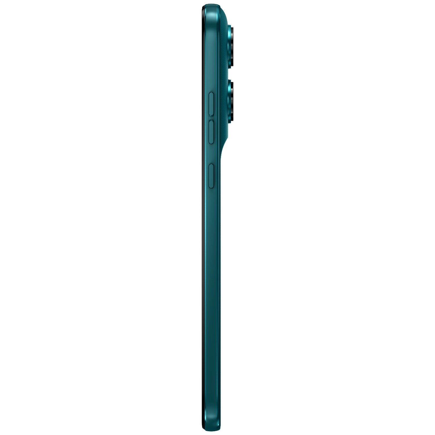 Side view of a teal smartphone showing three cameras and buttons.