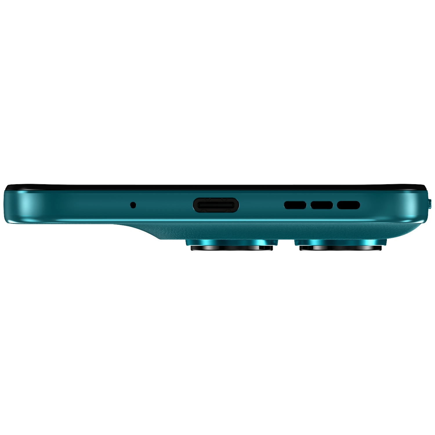 Close-up of the bottom edge of a teal smartphone showing charging port and two camera lenses.