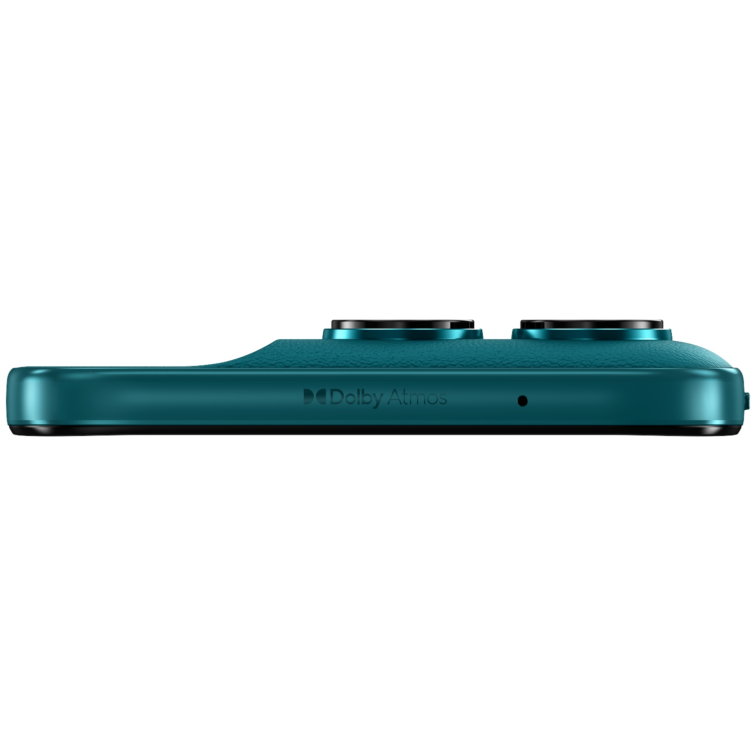 Teal phone edge with two cameras and Dolby Atmos logo.