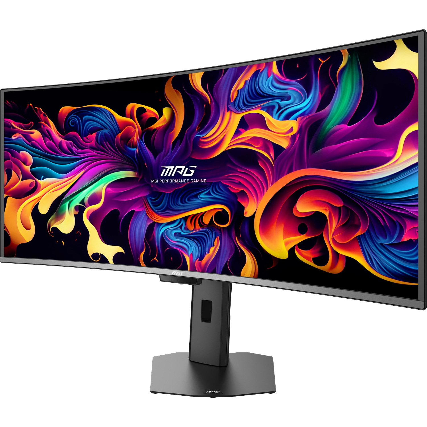 Un écran gamer MSI incurvé affiche un fond abstrait et vibrant. Noir avec des flammes colorées.