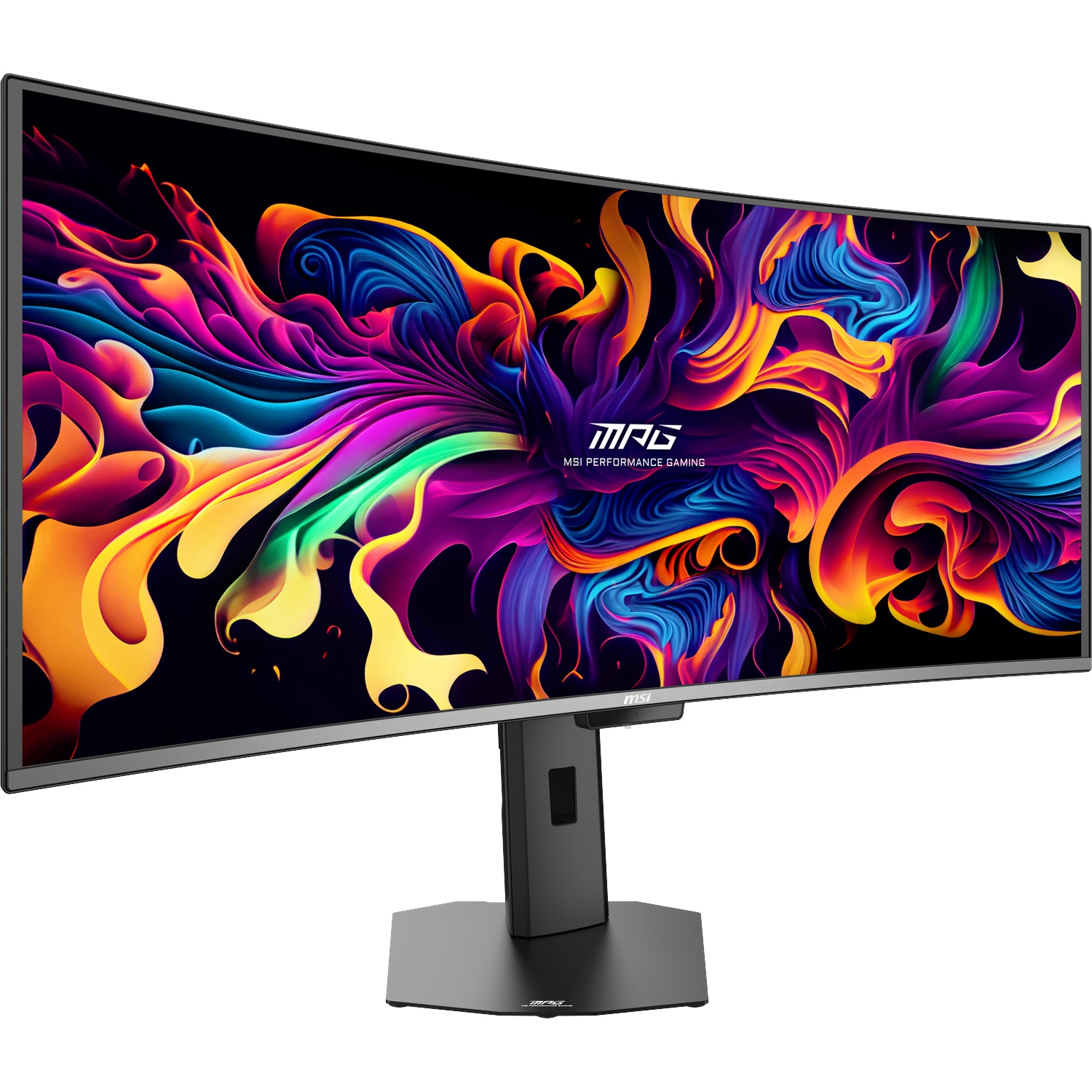 Un moniteur de jeu MSI incurvé affiche un fond abstrait coloré.