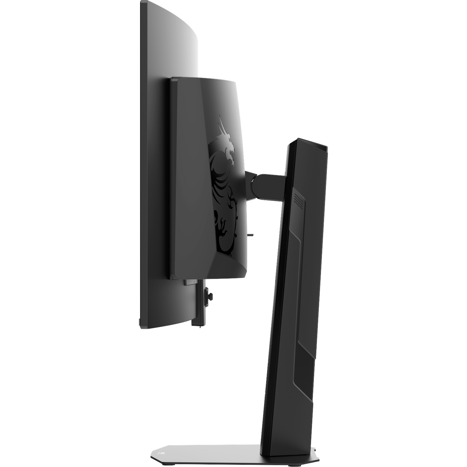 Moniteur noir avec logo dragon MSI au dos, sur un pied argenté.
