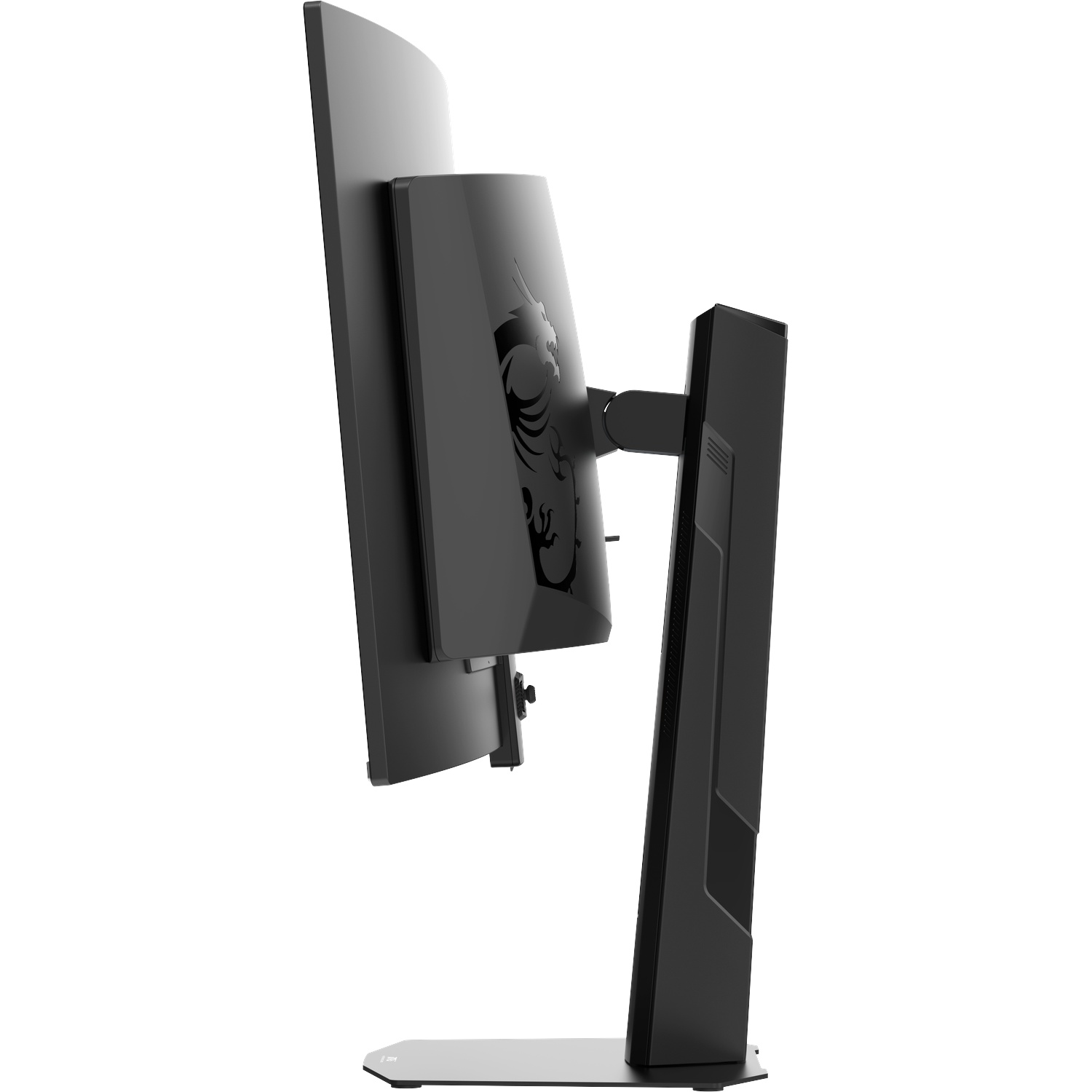 Moniteur gaming noir avec logo dragon au dos, vue latérale.
