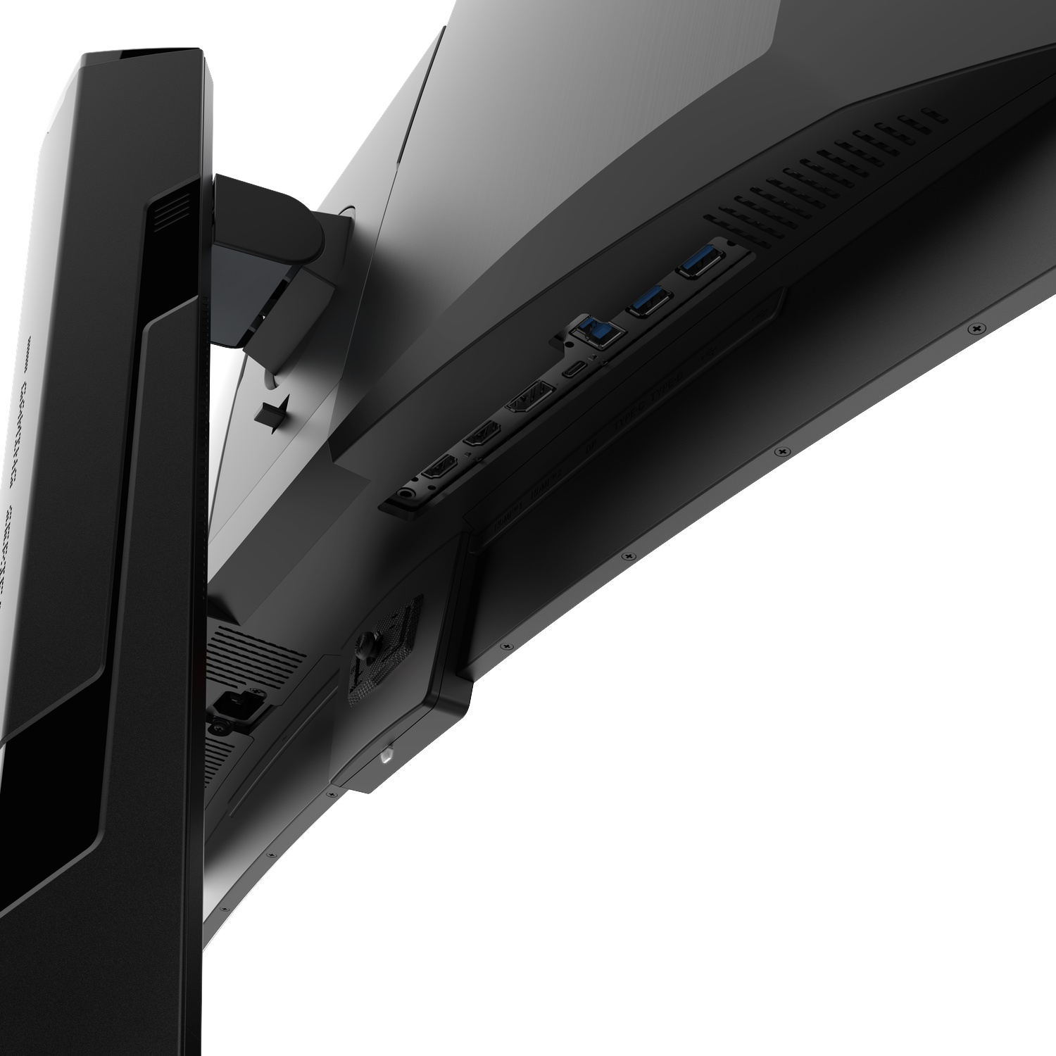 Vue arrière d'un moniteur noir montrant les ports et le support.