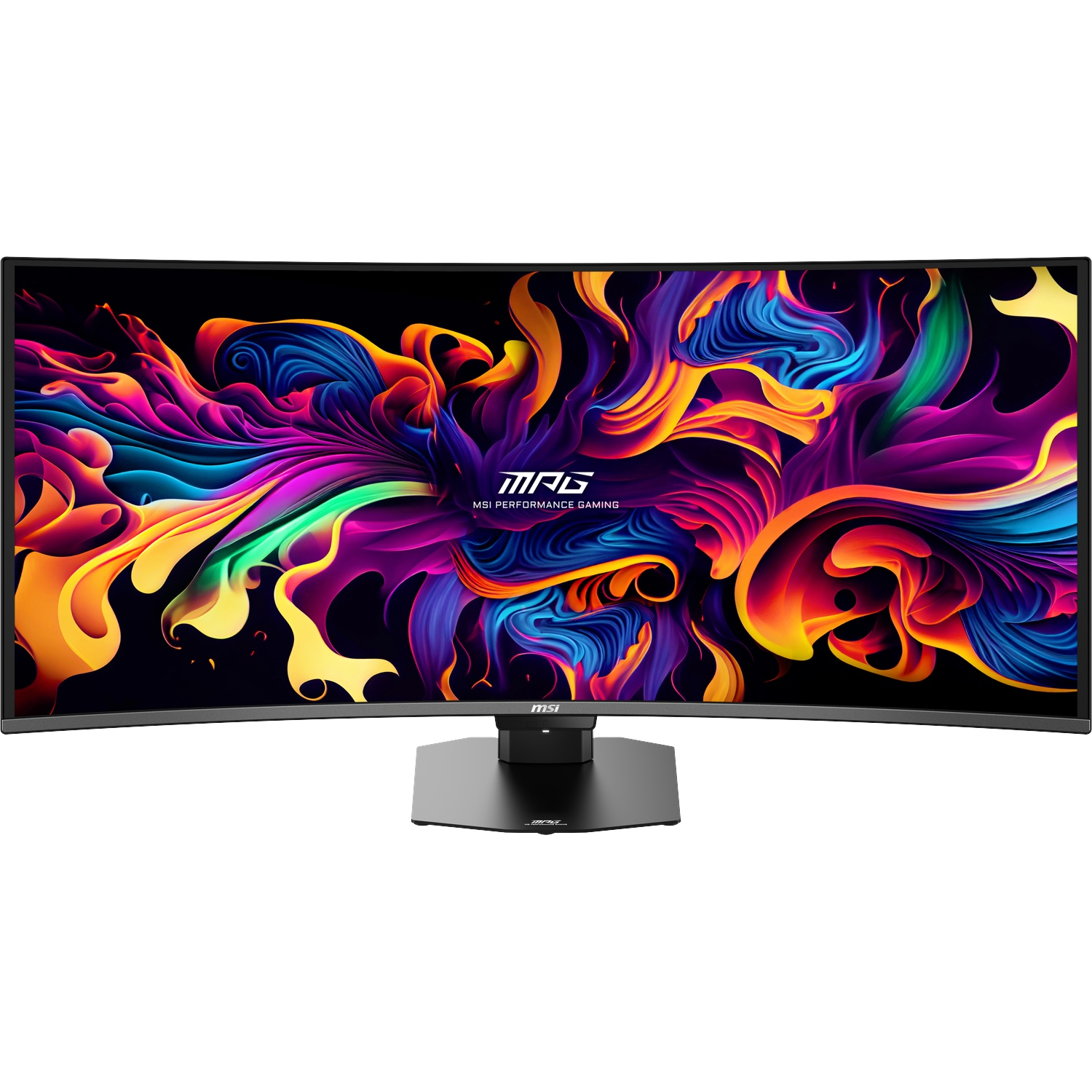 Un moniteur gamer MSI large et incurvé affiche un fond abstrait et vibrant.
