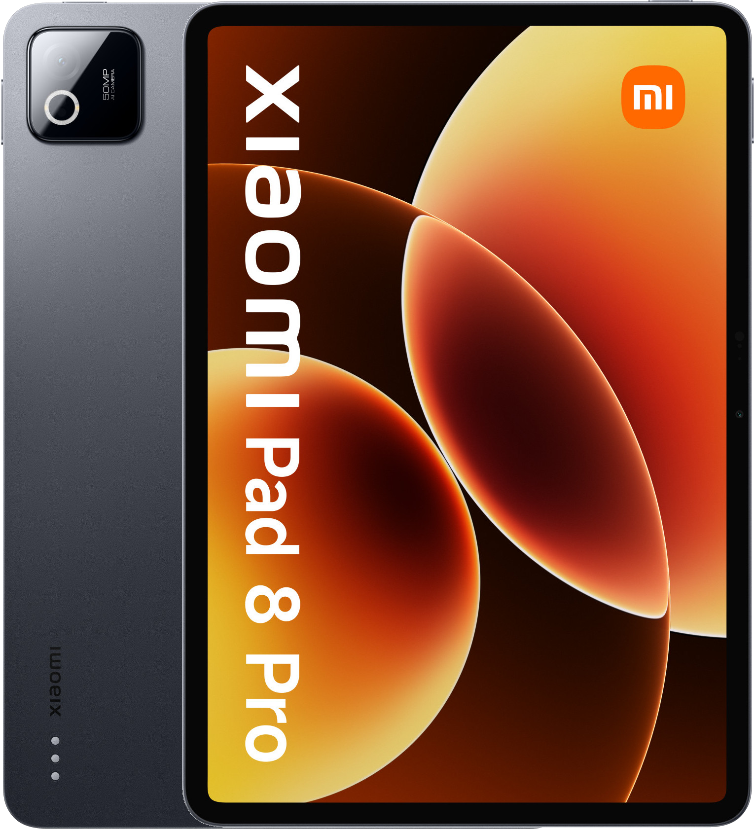 Szary Xiaomi Pad 8 Pro z modułem kamery 50MP i pomarańczowo-żółtym tłem.