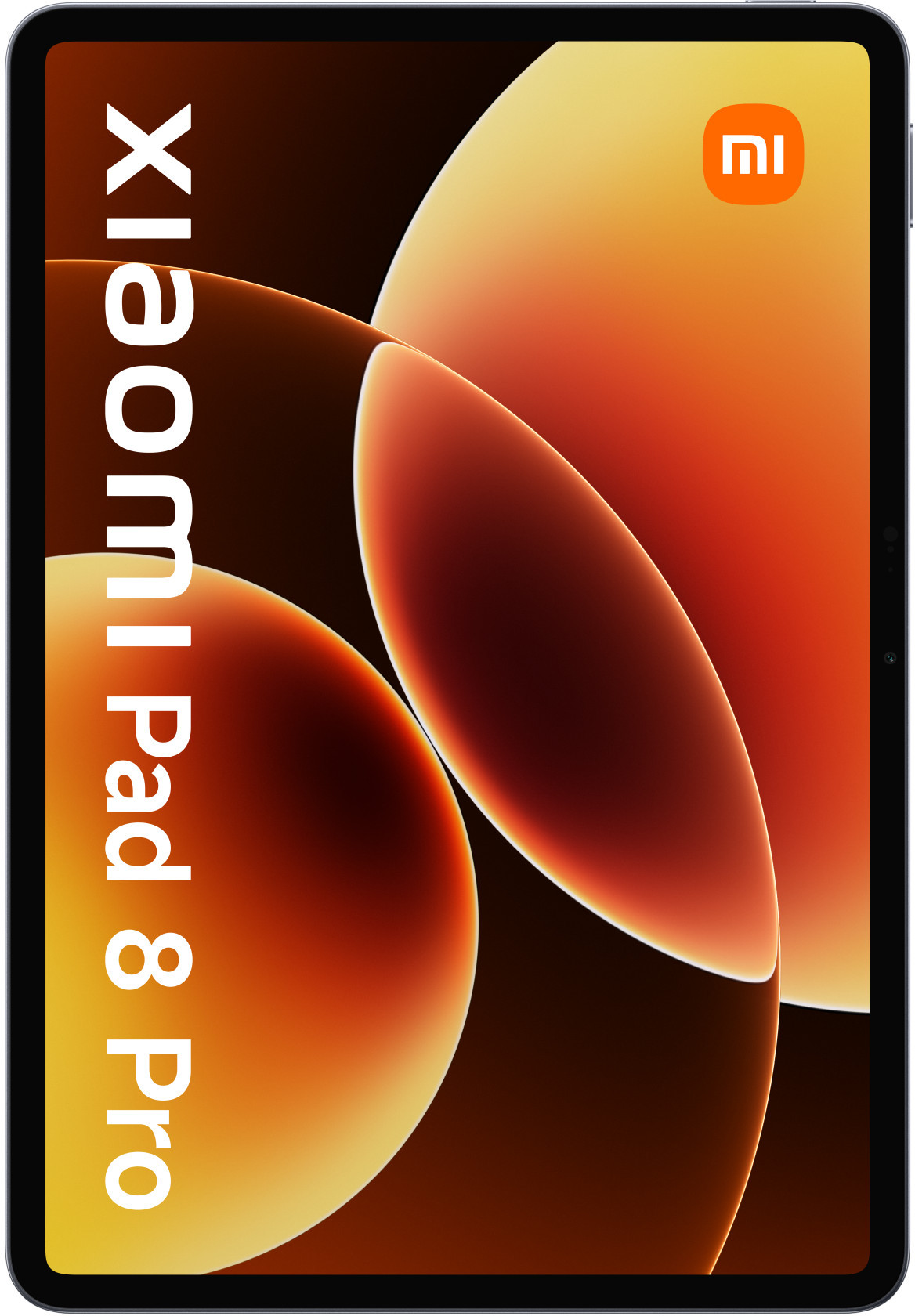 Tablet Xiaomi Pad 8 Pro z abstrakcyjnym tłem pomarańczowo-żółtym. Logo Mi.