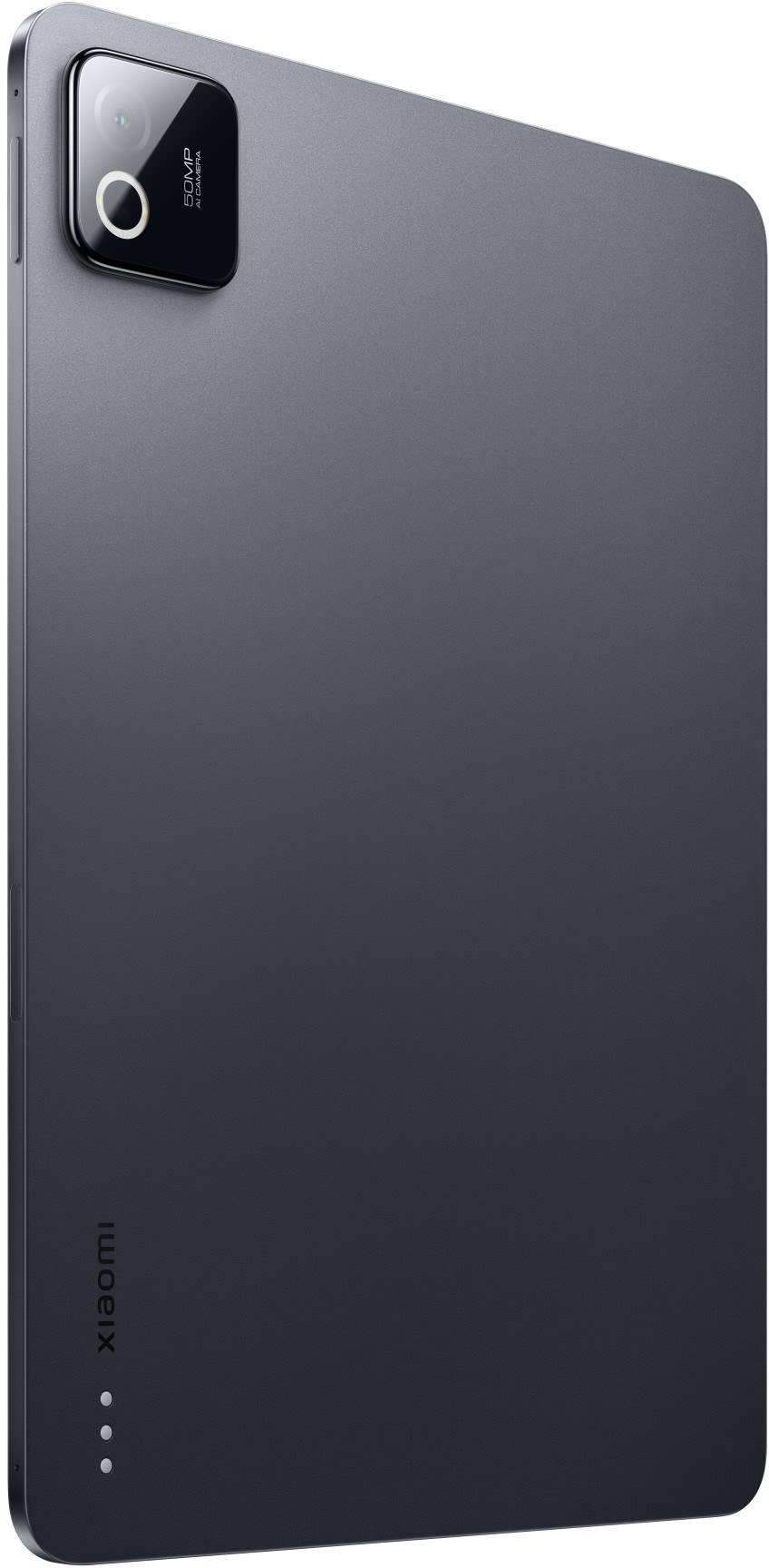 Tył szarego tabletu z modułem kamery i logo Xiaomi.