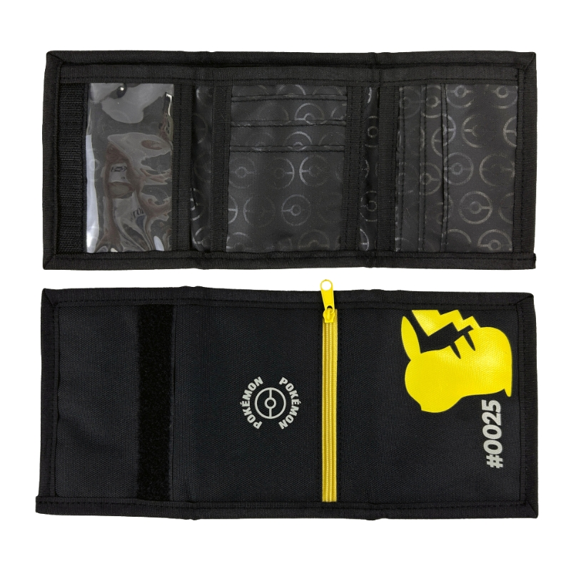 Cartera negra de Pokémon con diseño de Pikachu y cremallera amarilla.