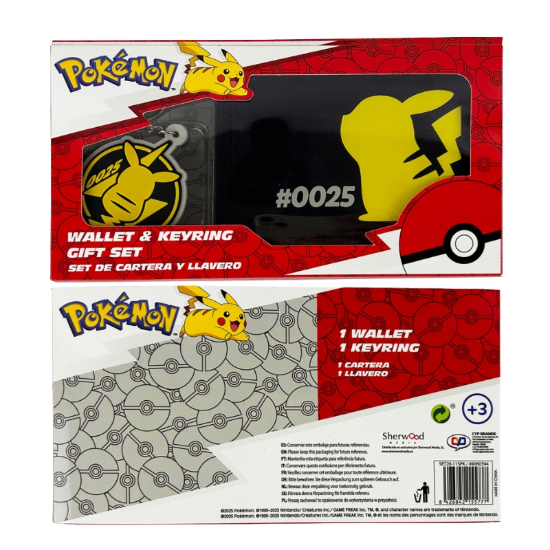 Set de regalo de cartera y llavero Pokémon con Pikachu en el empaque.