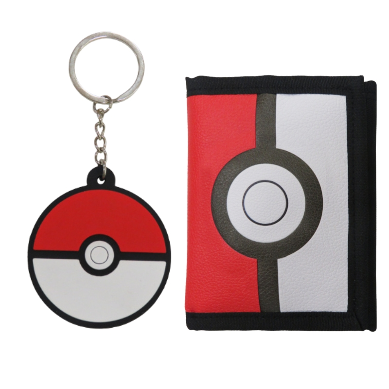 Un llavero de Pokeball junto a una cartera roja y blanca.