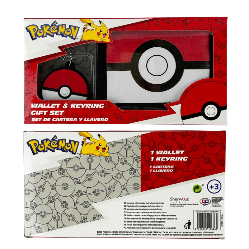Set de regalo Pokémon con cartera y llavero con diseño de Pikachu y Pokéball.