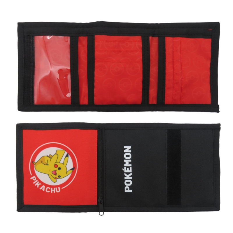 Cartera roja con diseño de Pikachu y logo "Pokémon".