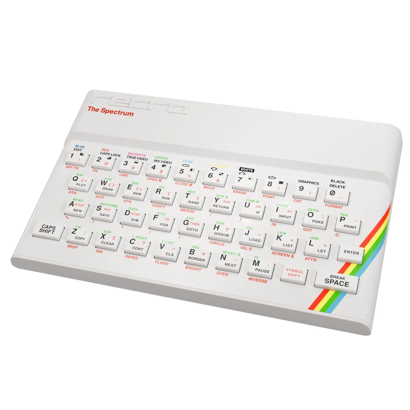 Un teclado blanco de computadora Sinclair Spectrum con rayas de colores.