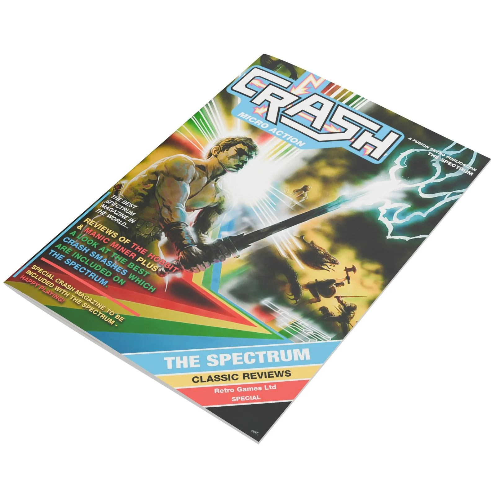 Portada de la revista Crash con un guerrero musculoso sosteniendo una espada.