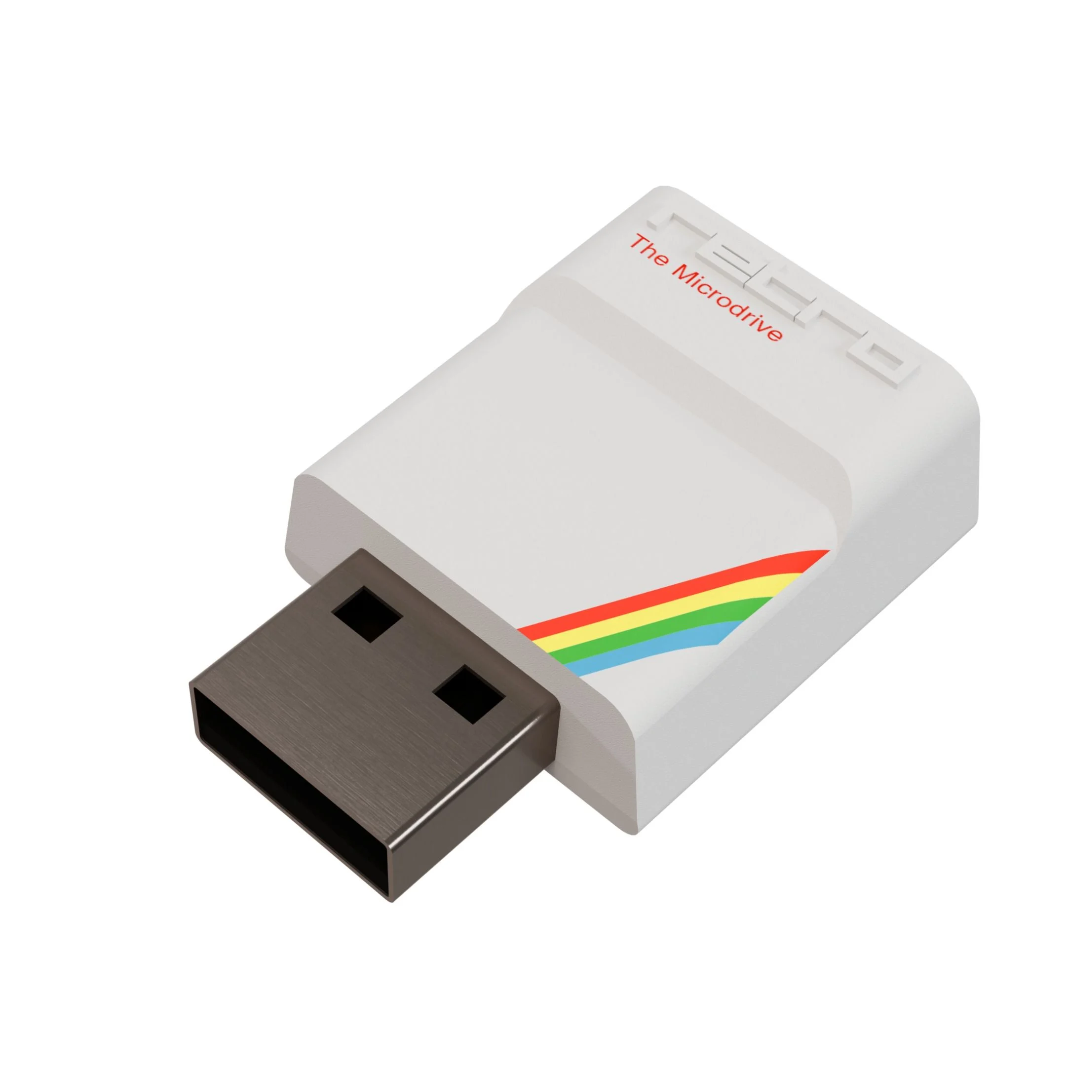 Una unidad USB blanca con rayas de arcoíris y texto rojo.