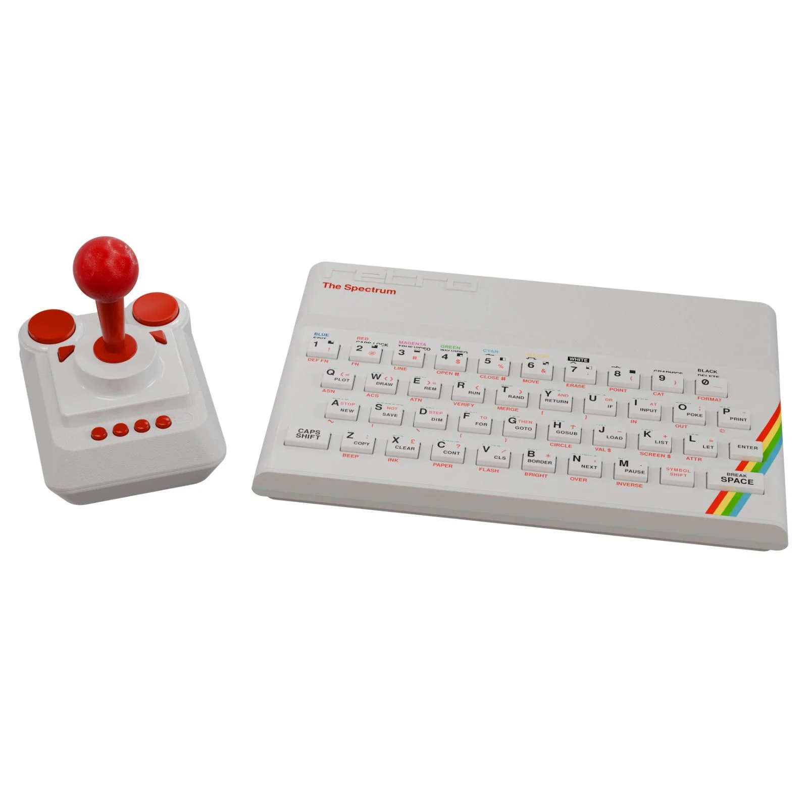 Un joystick blanco con pomo rojo y dos botones rojos junto a un ordenador Sinclair Spectrum blanco.