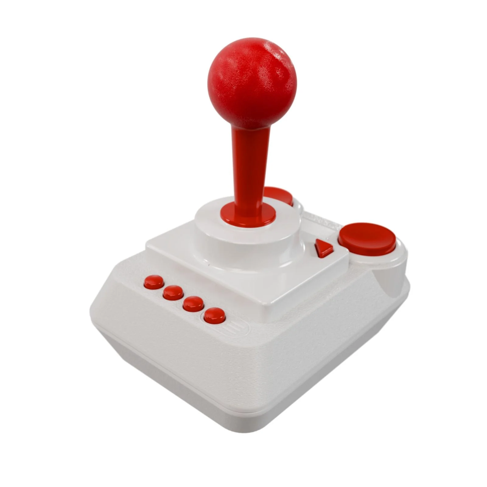 Un joystick blanco con palanca de bola roja y botones rojos.