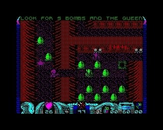 Videojuego retro: Huevos verdes y criaturas púrpuras en cueva oscura.