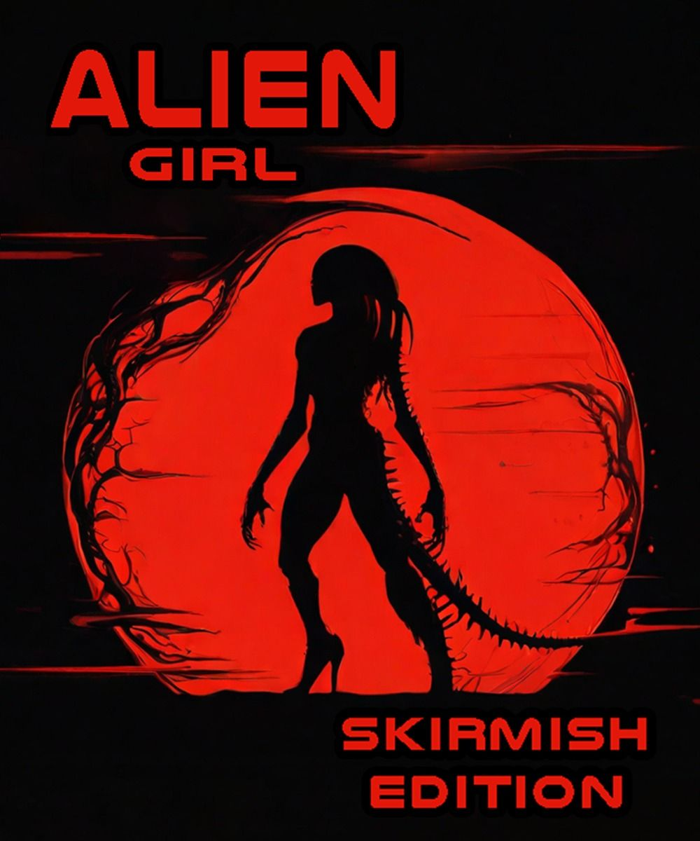 Una silueta negra de mujer alienígena ante una luna roja.