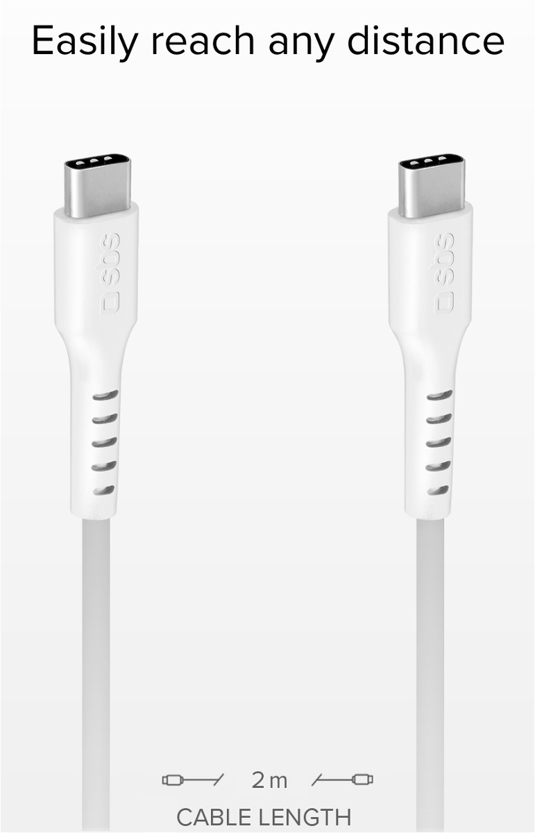 Zwei weiße USB-C-Kabel mit 2m Länge, mit silbernen Anschlüssen.