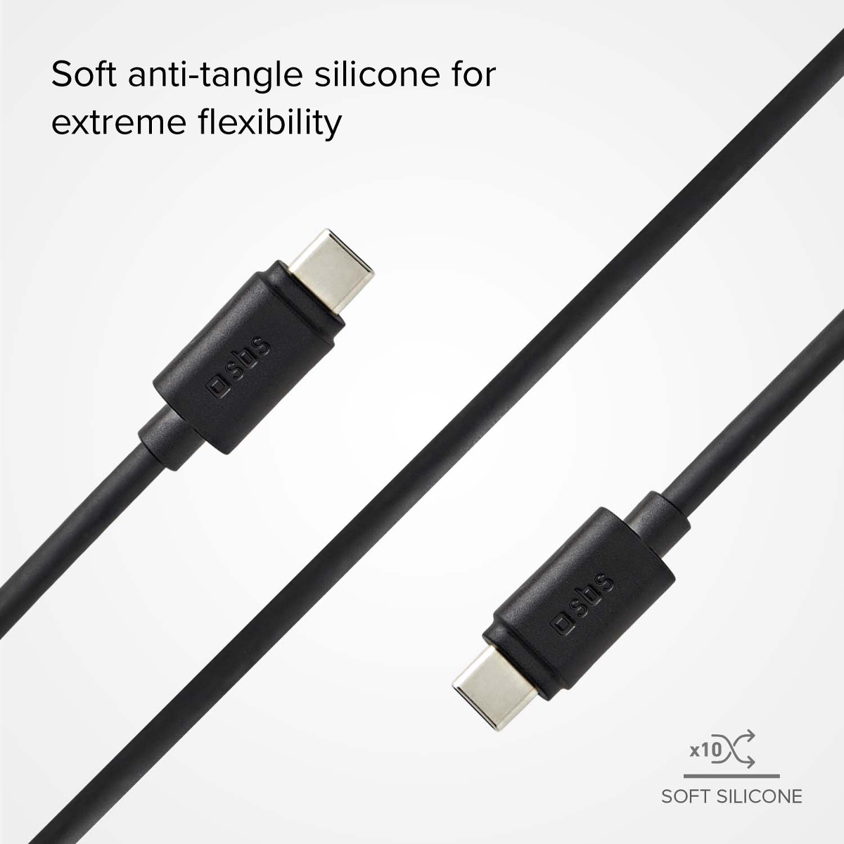 Zwei schwarze USB-C-Kabel liegen diagonal auf weißem Grund. Sie sind biegsam.