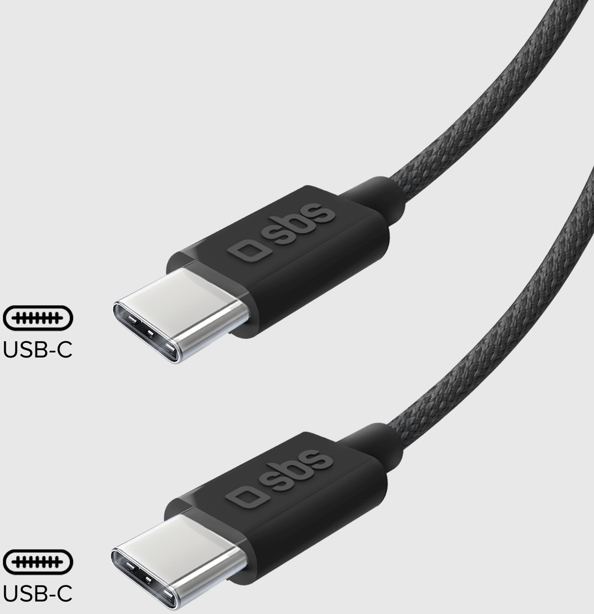 Zwei schwarze USB-C-Kabelenden mit SBS-Logo auf grauem Hintergrund.