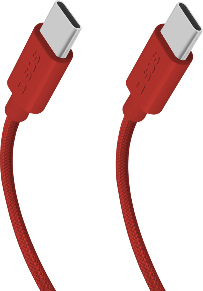Zwei rote USB-C-Kabel mit silbernen Anschlüssen auf schwarzem Hintergrund.