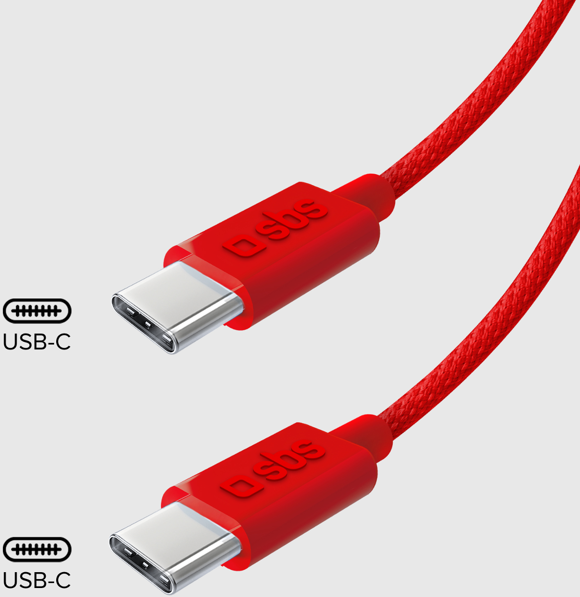 Zwei rote USB-C-Kabel mit SBS-Logo auf hellem Hintergrund.