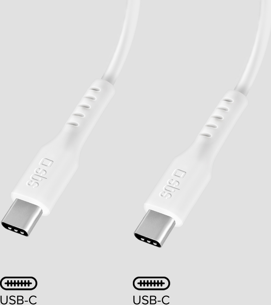 Zwei weiße USB-C-Kabelenden mit SBS-Logo, Nahaufnahme.